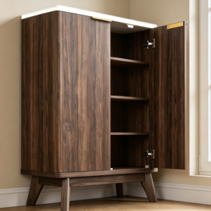 Walnut Shoe Cabinet with Doors Adjustable Shelves Marble Panel
