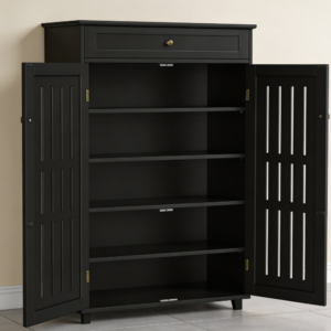 Black 5-Tier Wooden Shoe Cabinet Louvered Doors Drawer